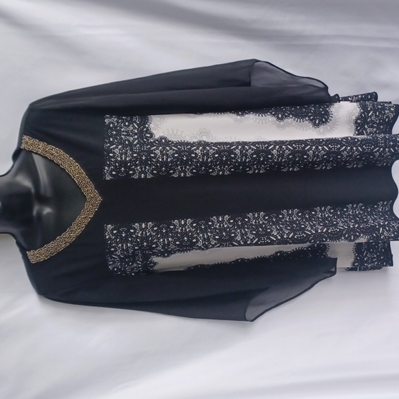 Alfani Woman Black and White Tunic, Beaded Collar, Sheer Sleeve - Picture 1 of 6